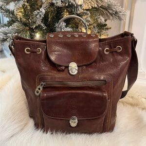 Marino Orlandi Vintage Dark Brown Italian Leather large Drawstring Crossbody Bag